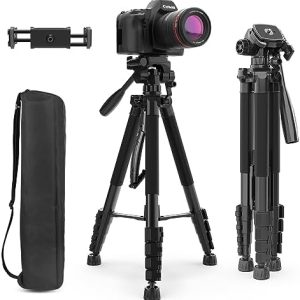 Aureday 74’’ Camera Tripod with Travel Bag,Cell Phone Tripod with Wireless Remote and Phone Holder, Compatible with DSLR Cameras,Cell Phones,Projector,Webcam,Spotting Scopes(Black)